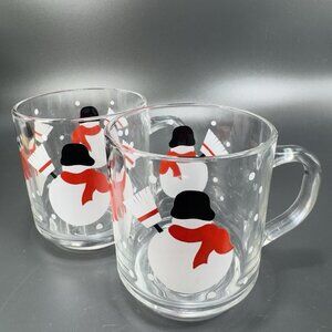 Luminarc Clear Glass Cup Mug Snow Snowman Holiday Christmas Set 2 Mugs Cups VTG